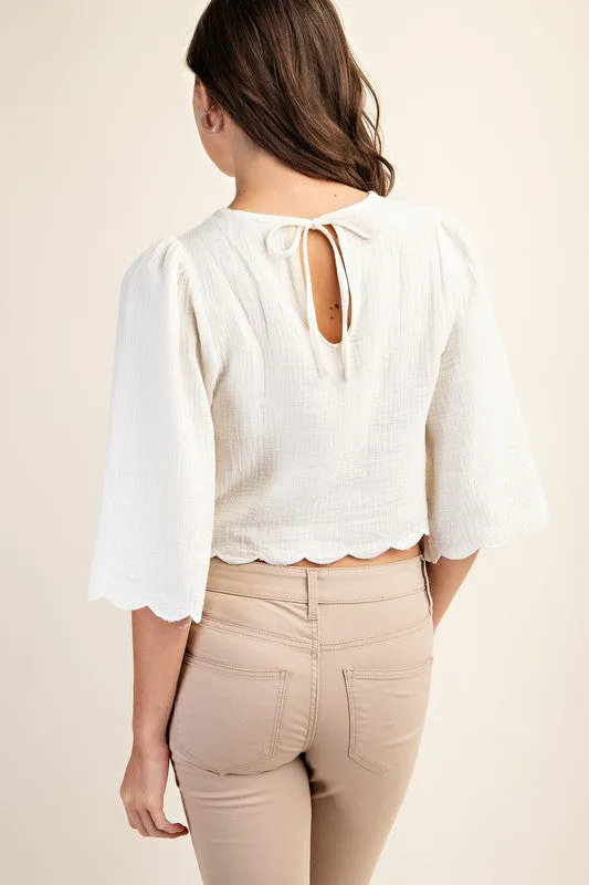 Alexa Embroidered Cut Out Bell Sleeve Crop Top White