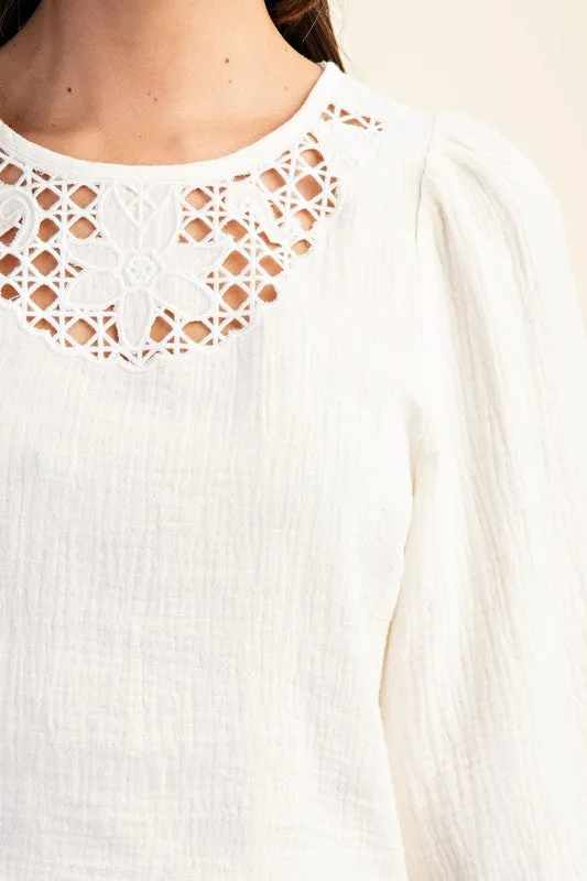 Alexa Embroidered Cut Out Bell Sleeve Crop Top White