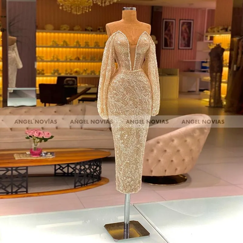ANGEL NOVIAS Ankle Length Long Sleeves Champagne Beads Lace Arabic
