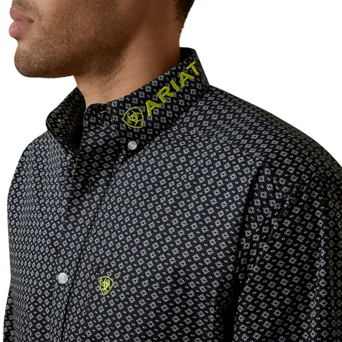 Ariat Men's Peyton Team Black with Safety Yellow & Royal Blue Embroidery Logo White Geo Print Long Sleeve Western Shirt 10045064