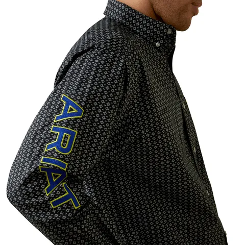 Ariat Men's Peyton Team Black with Safety Yellow & Royal Blue Embroidery Logo White Geo Print Long Sleeve Western Shirt 10045064