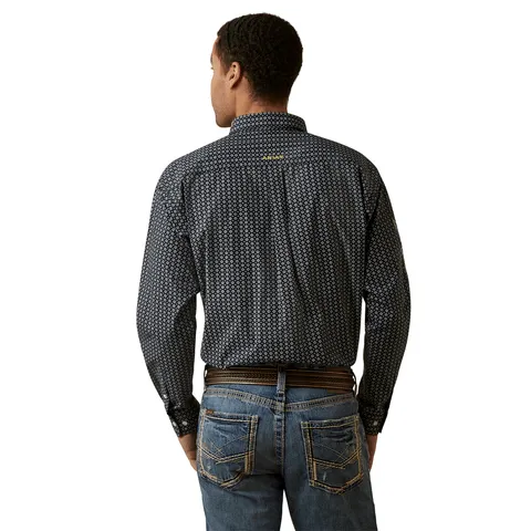 Ariat Men's Peyton Team Black with Safety Yellow & Royal Blue Embroidery Logo White Geo Print Long Sleeve Western Shirt 10045064