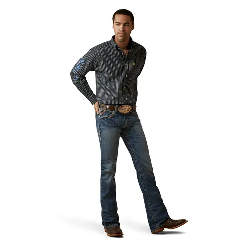 Ariat Men's Peyton Team Black with Safety Yellow & Royal Blue Embroidery Logo White Geo Print Long Sleeve Western Shirt 10045064
