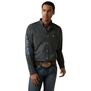 Ariat Men's Peyton Team Black with Safety Yellow & Royal Blue Embroidery Logo White Geo Print Long Sleeve Western Shirt 10045064