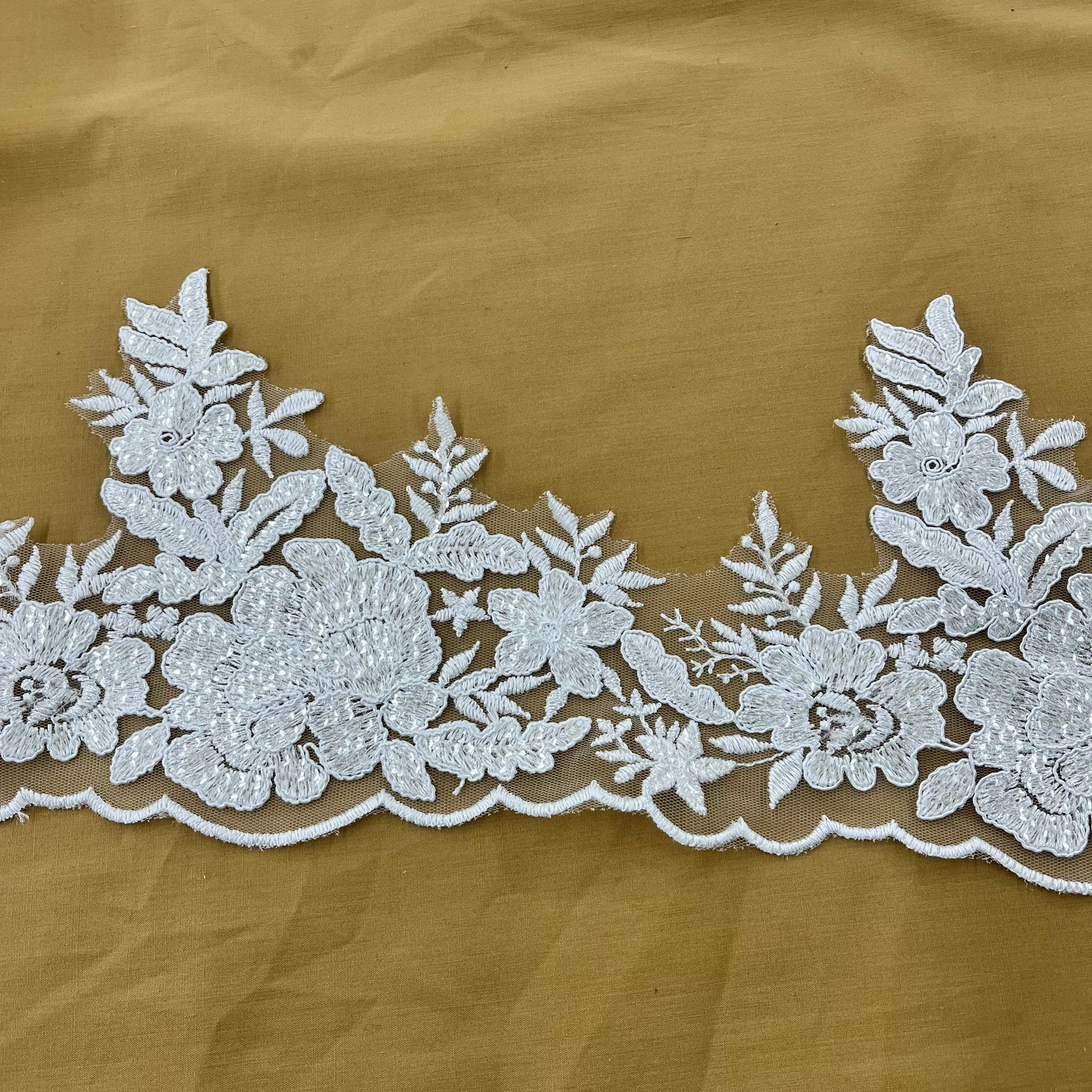 Beaded & Corded Floral Lace Trimming Embroidered on 100% Polyester Net Mesh | Lace USA - 97218W-SB
