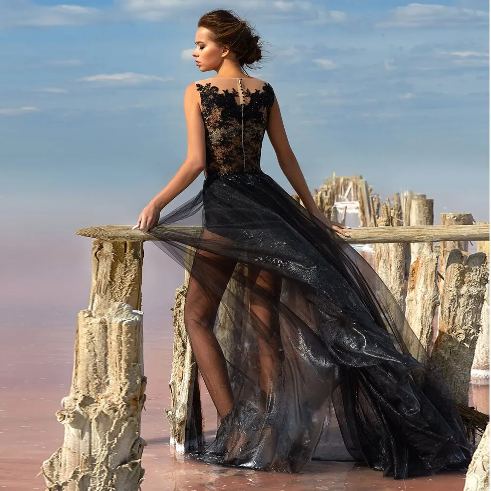 Black Net/Tulle A line Applique Jewel Sweep/Brush Floor length Button