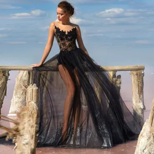 Black Net/Tulle A line Applique Jewel Sweep/Brush Floor length Button