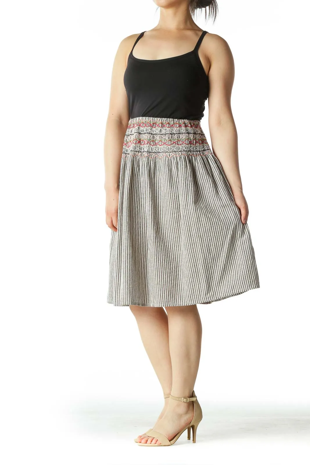 Black Striped A-Line Skirt with Multicolored Pattern