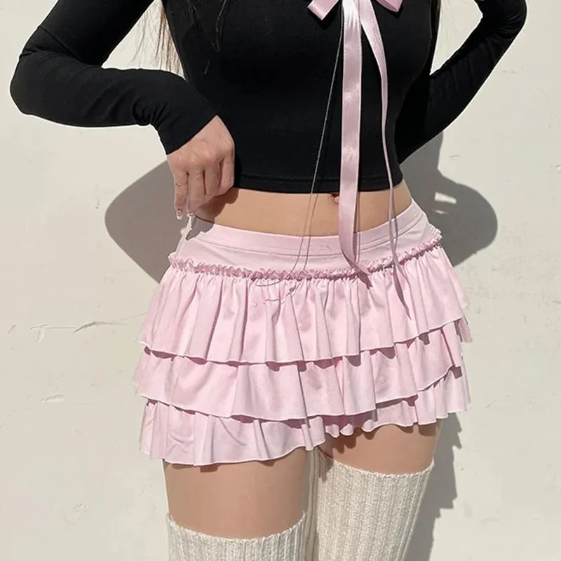Bonnyshow Pink Bow Pleated Mini Skirts Y2k Solid A-line Skirts Kawaii Lolita Ruffle Skirts Sexy Ballet Skirts Casual Short Dress For Women