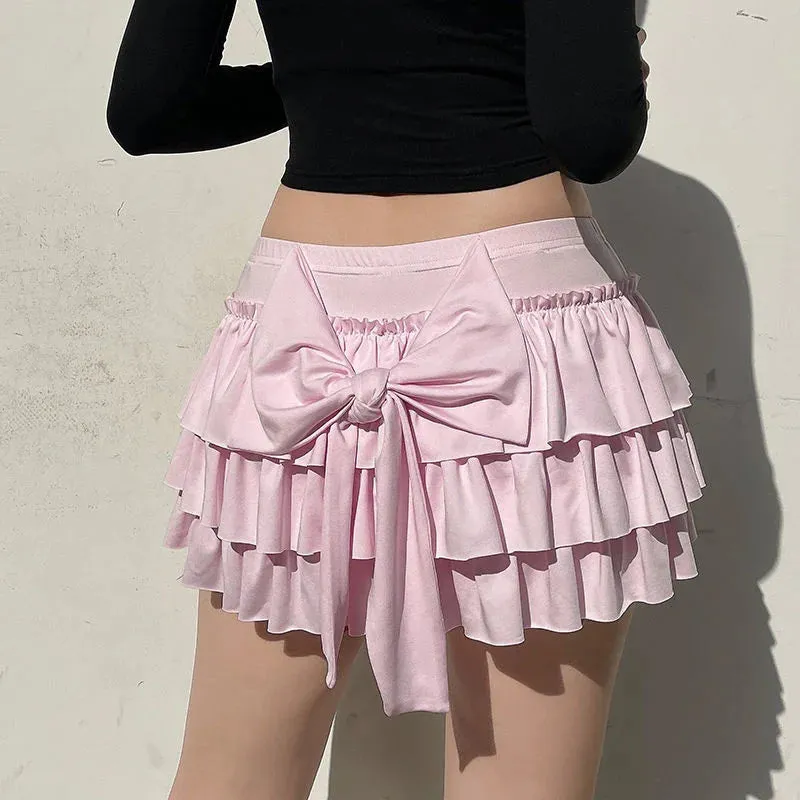 Bonnyshow Pink Bow Pleated Mini Skirts Y2k Solid A-line Skirts Kawaii Lolita Ruffle Skirts Sexy Ballet Skirts Casual Short Dress For Women