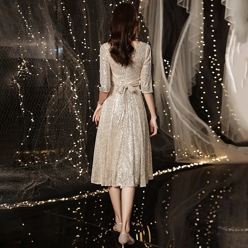 Champagne Sexy Deep V Neck Evening Dress Half Sleeves A Line Tea