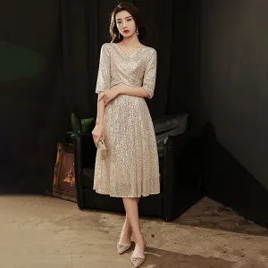 Champagne Sexy Deep V Neck Evening Dress Half Sleeves A Line Tea