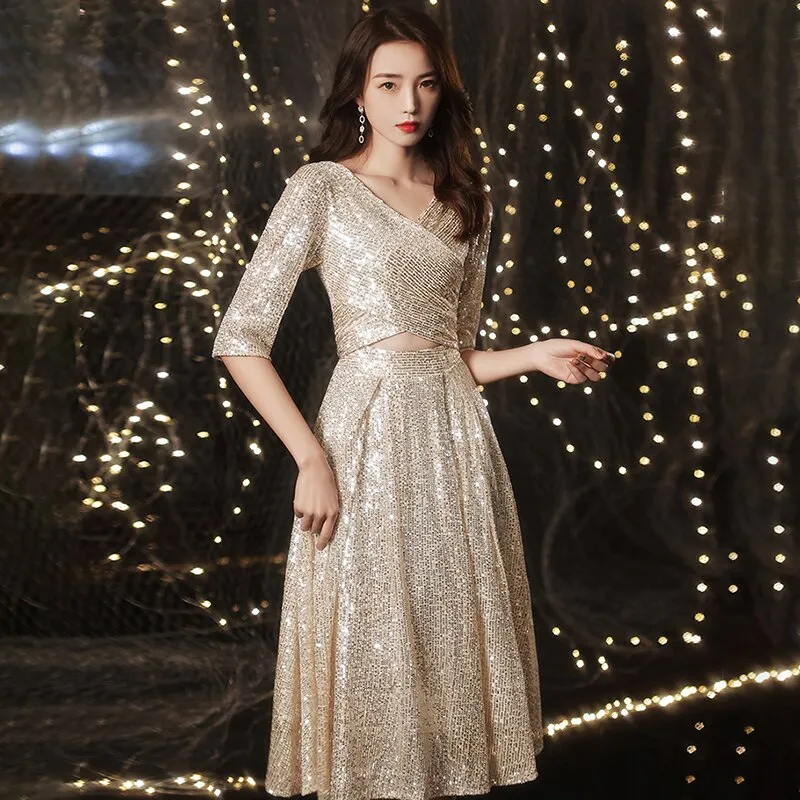 Champagne Sexy Deep V Neck Evening Dress Half Sleeves A Line Tea