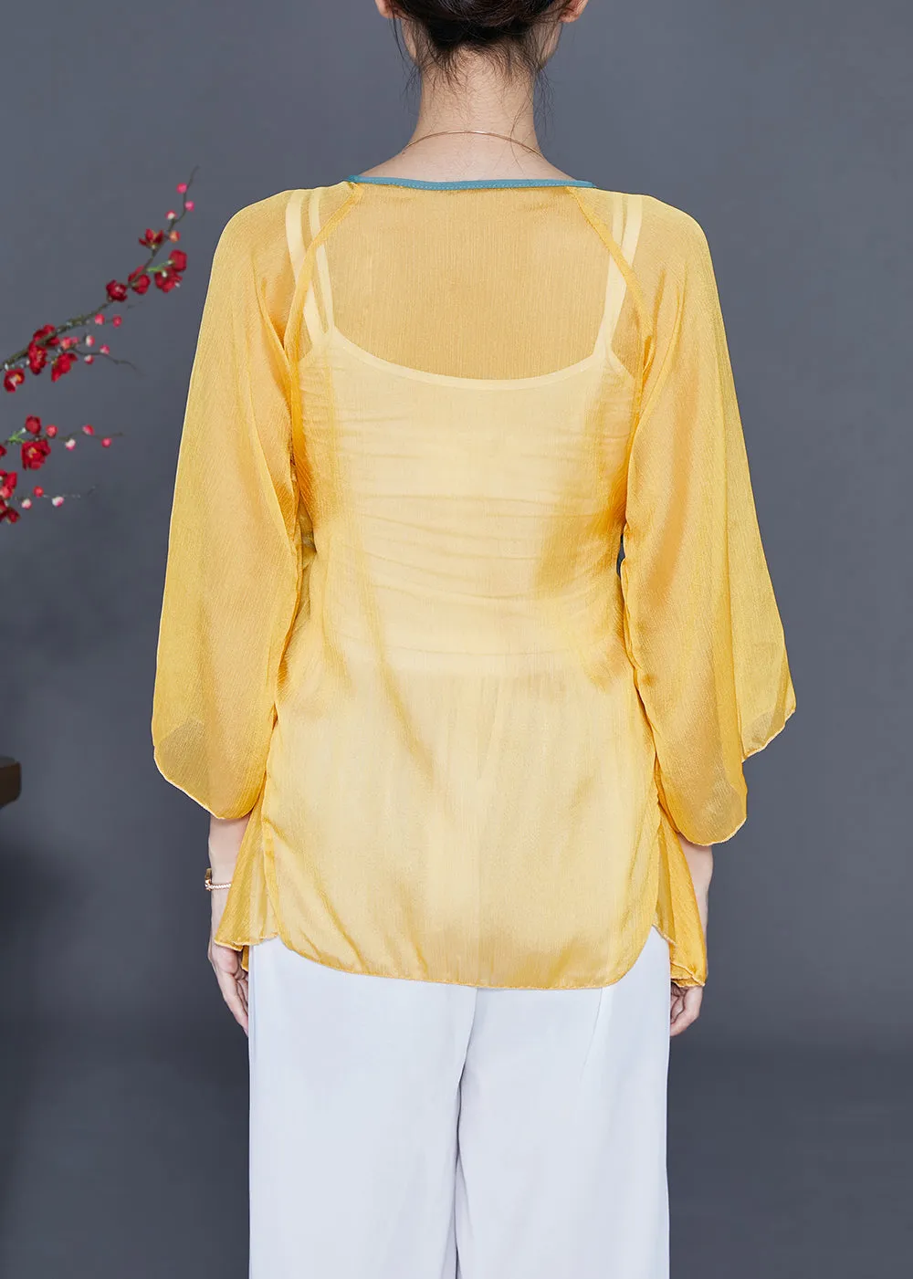 Chic Yellow Lace Up Hollow Out Chiffon Blouses Bracelet Sleeve LY3685