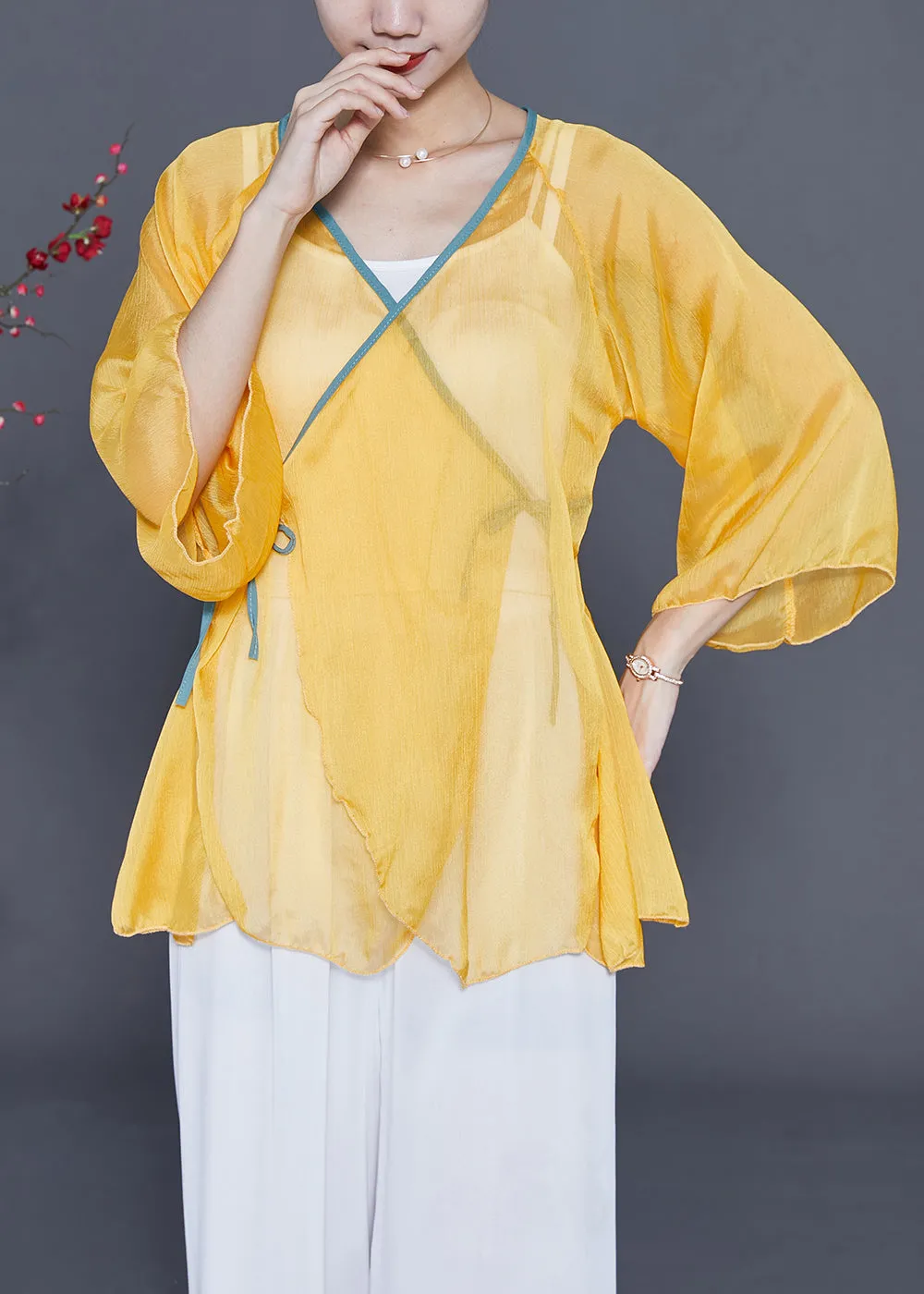 Chic Yellow Lace Up Hollow Out Chiffon Blouses Bracelet Sleeve LY3685