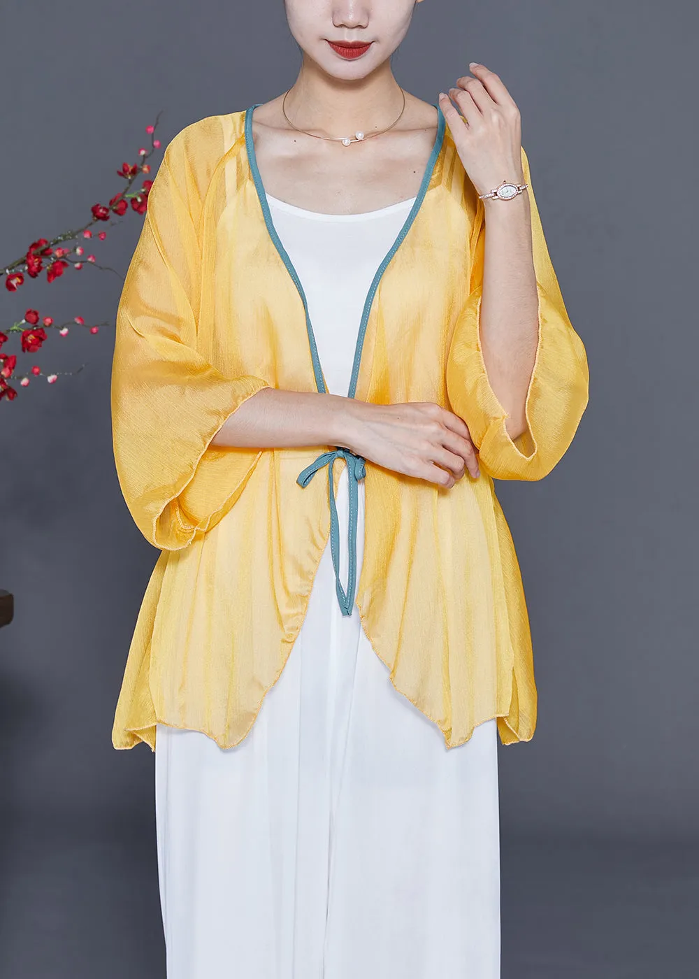 Chic Yellow Lace Up Hollow Out Chiffon Blouses Bracelet Sleeve LY3685