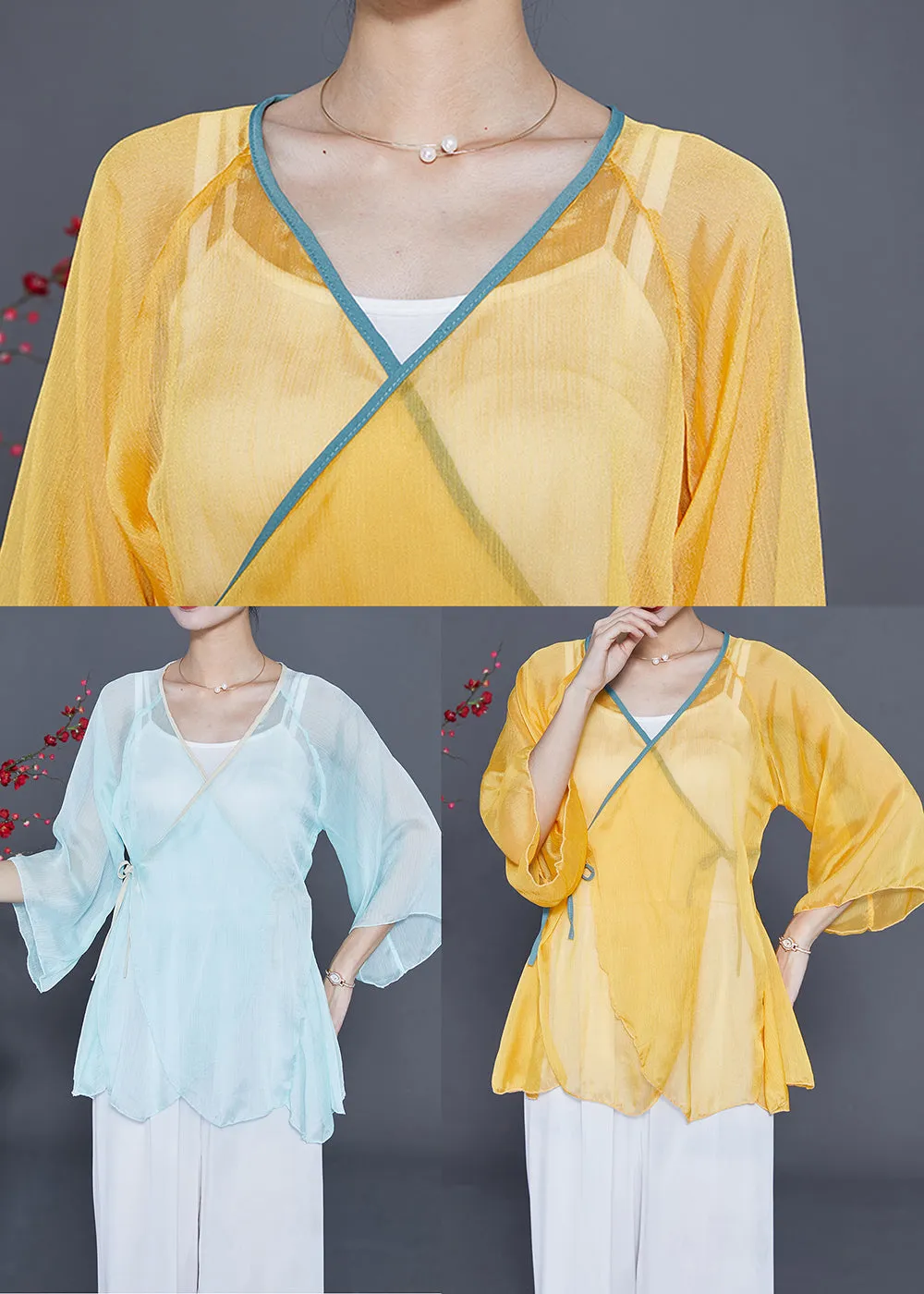 Chic Yellow Lace Up Hollow Out Chiffon Blouses Bracelet Sleeve LY3685