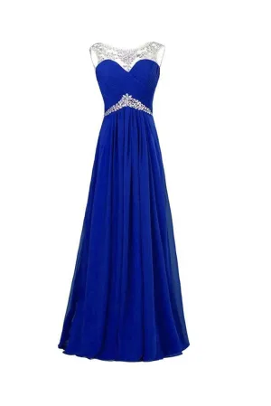 Chiffon Royal Blue Beaded Long Prom Evening Dresses PFP1340