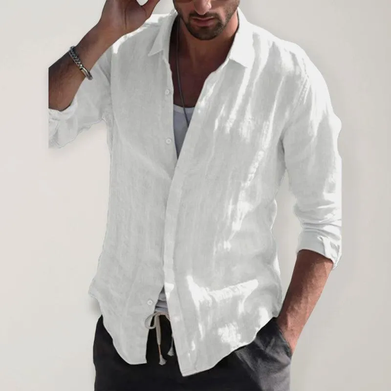 Classic White Linen Long Sleeve Dress Shirt for Men - A Must-Have Fashion Staple