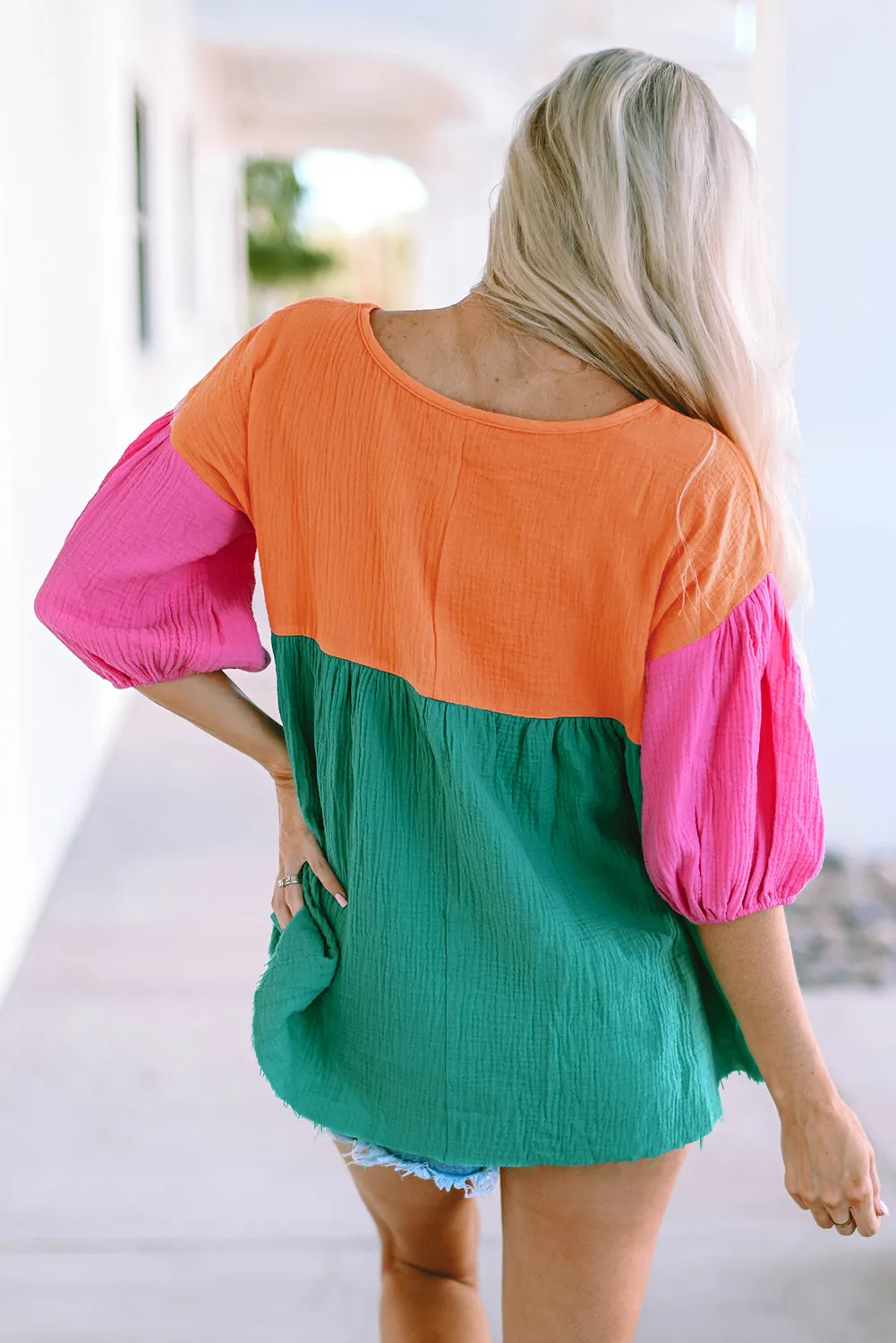 Crinkle Bubble Sleeve Blouse