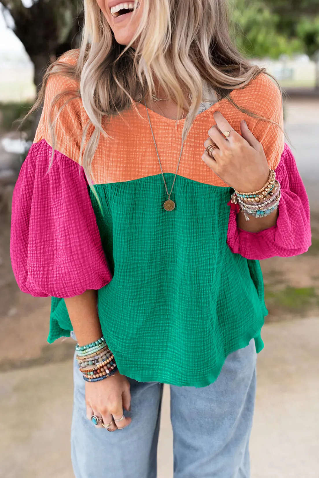 Crinkle Bubble Sleeve Blouse