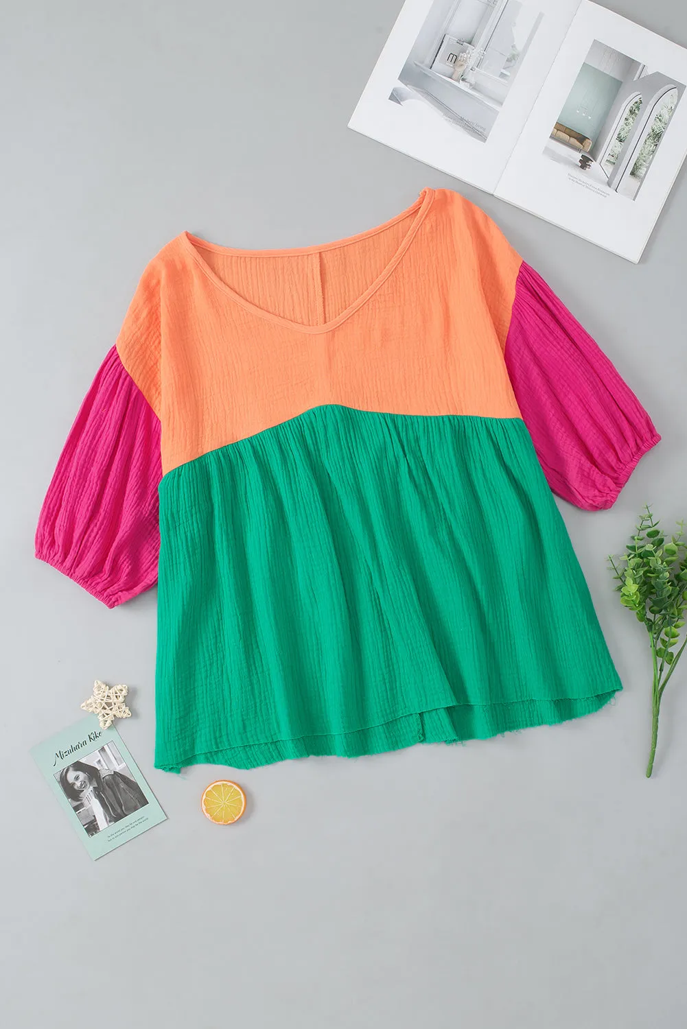 Crinkle Bubble Sleeve Blouse