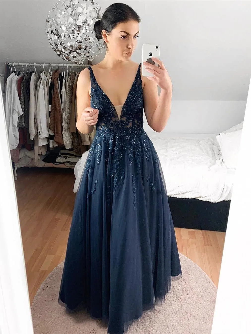 Elegant Long A-line V neck Lace Prom Formal Evening Dresses