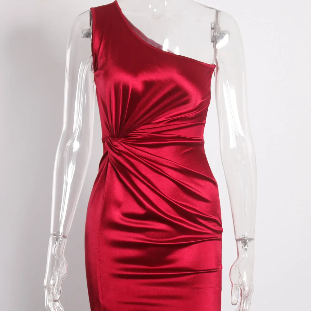 Elegant One Shoulder Evening Dresses Ladies Stretchy Satin Ruched Split