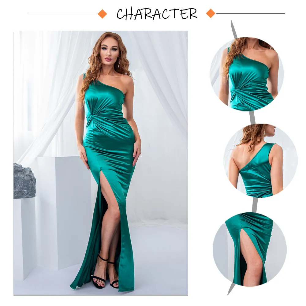 Elegant One Shoulder Evening Dresses Ladies Stretchy Satin Ruched Split