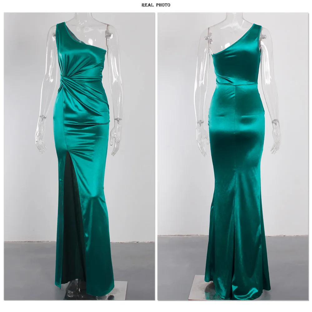 Elegant One Shoulder Evening Dresses Ladies Stretchy Satin Ruched Split