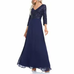 Elegant V-Neck Long Sleeve Sequin Stretch Evening Party Dress