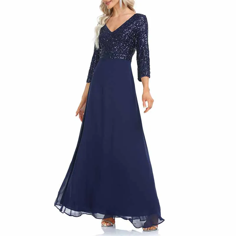 Elegant V-Neck Long Sleeve Sequin Stretch Evening Party Dress