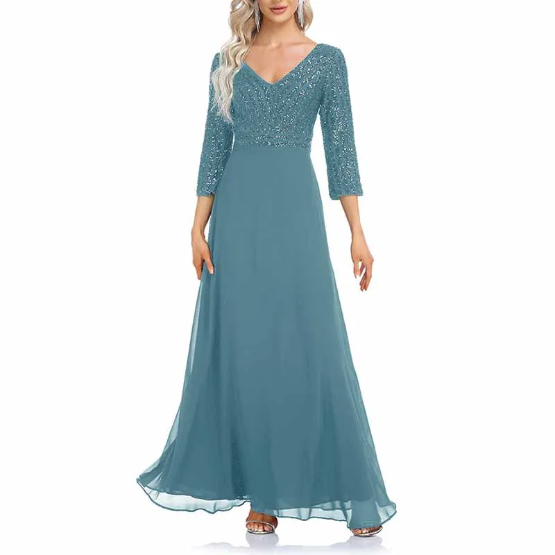 Elegant V-Neck Long Sleeve Sequin Stretch Evening Party Dress
