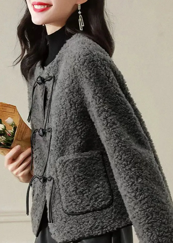 Fine Grey O Neck Tasseled Button Patchwork Wool Coats Winter ML1170