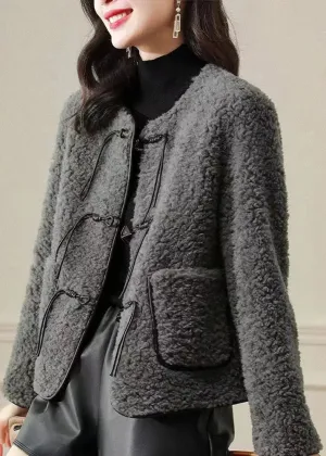 Fine Grey O Neck Tasseled Button Patchwork Wool Coats Winter ML1170