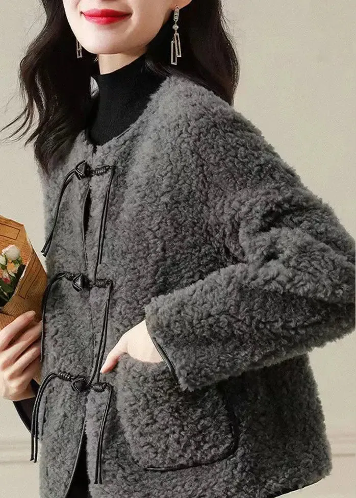 Fine Grey O Neck Tasseled Button Patchwork Wool Coats Winter ML1170