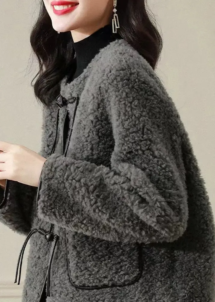 Fine Grey O Neck Tasseled Button Patchwork Wool Coats Winter ML1170