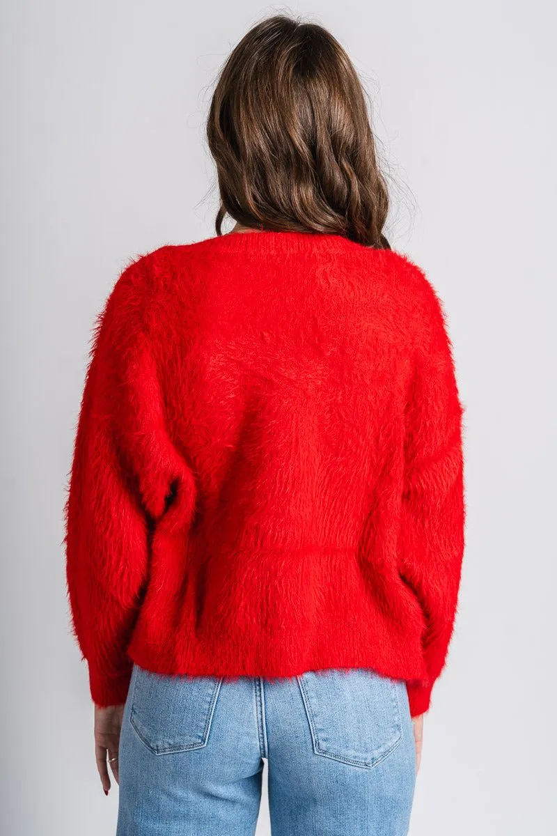 Fuzzy sweater cardigan red