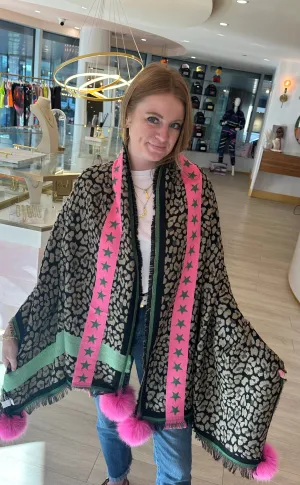 Green & Pink Stars Leopard Shawl