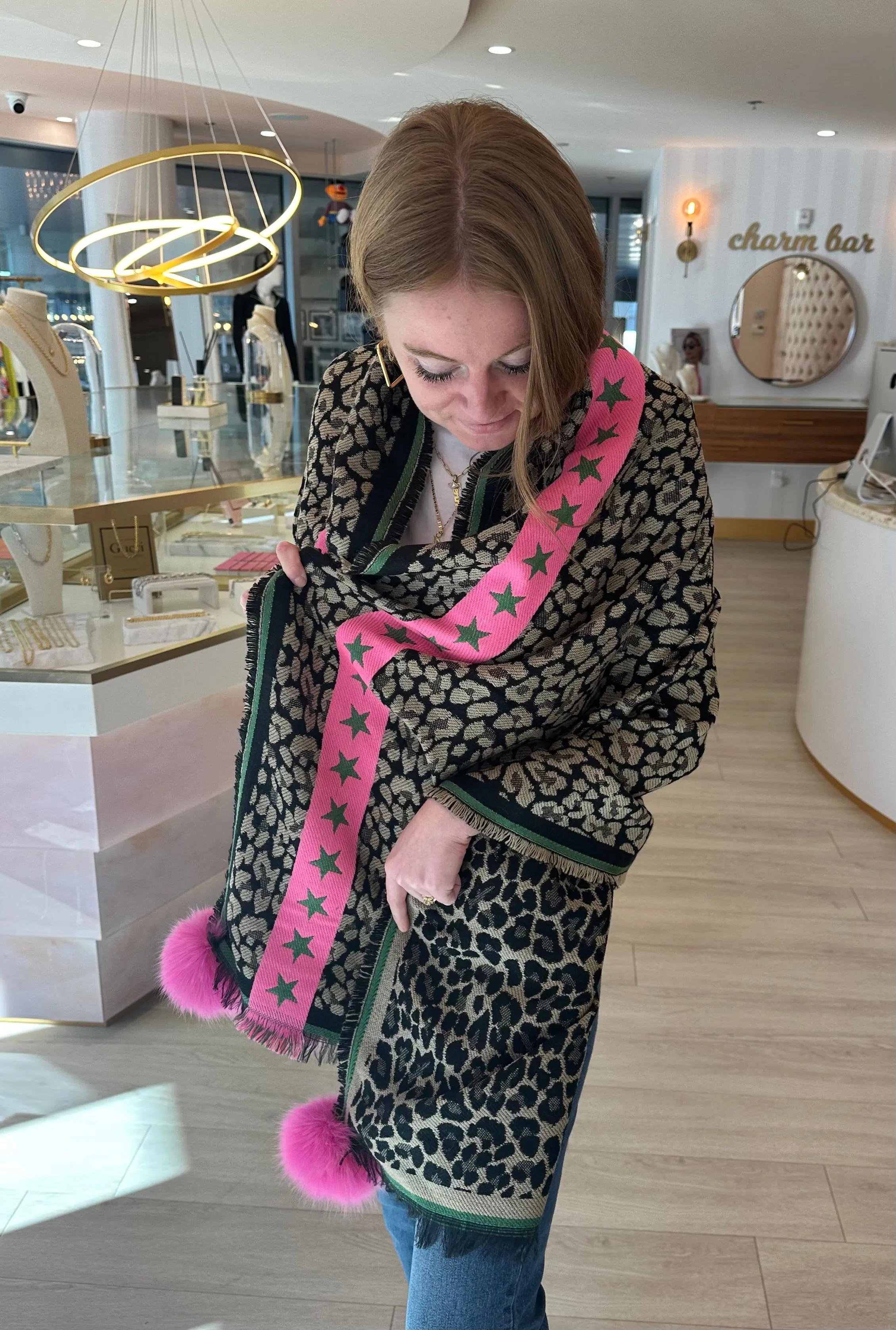 Green & Pink Stars Leopard Shawl