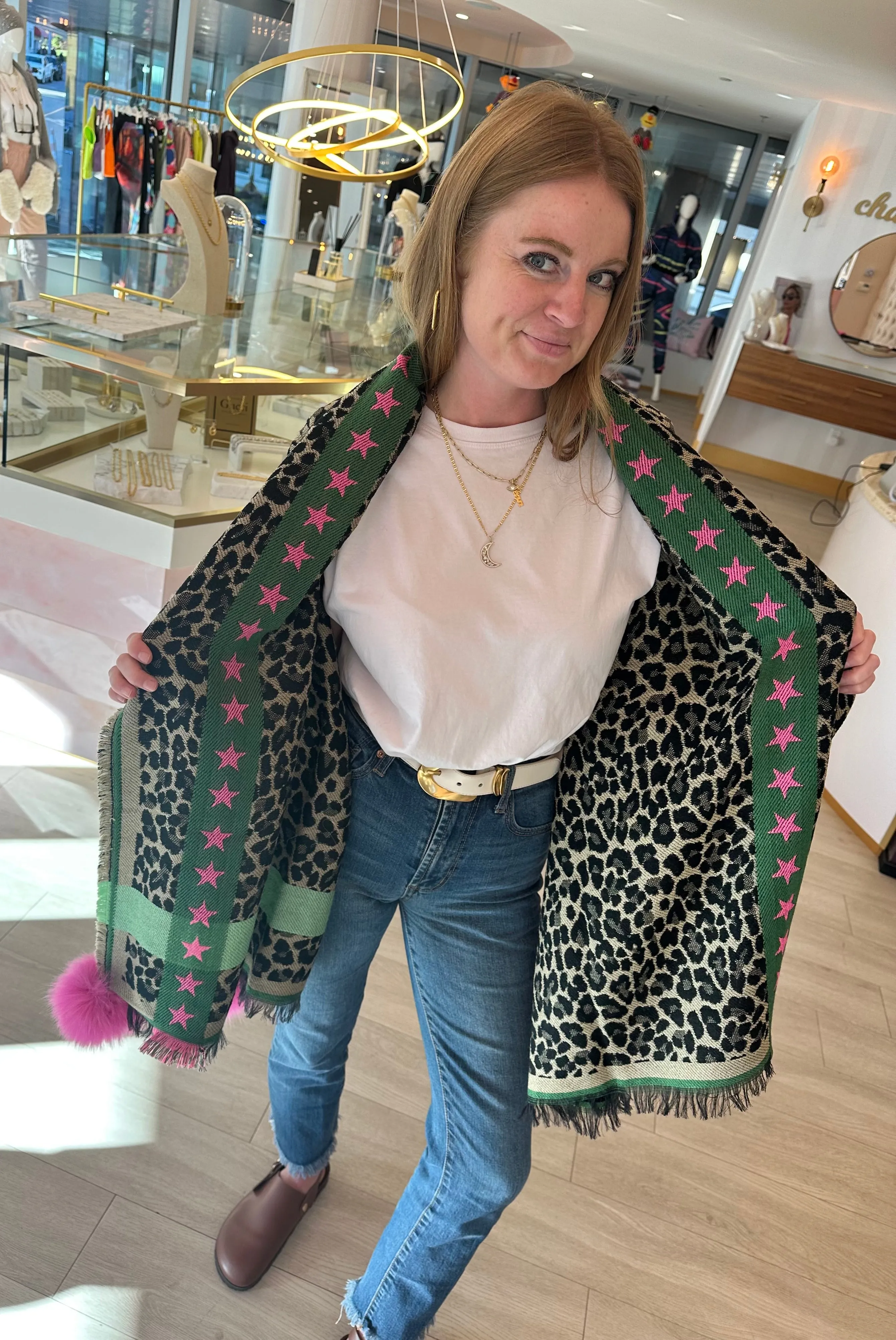 Green & Pink Stars Leopard Shawl