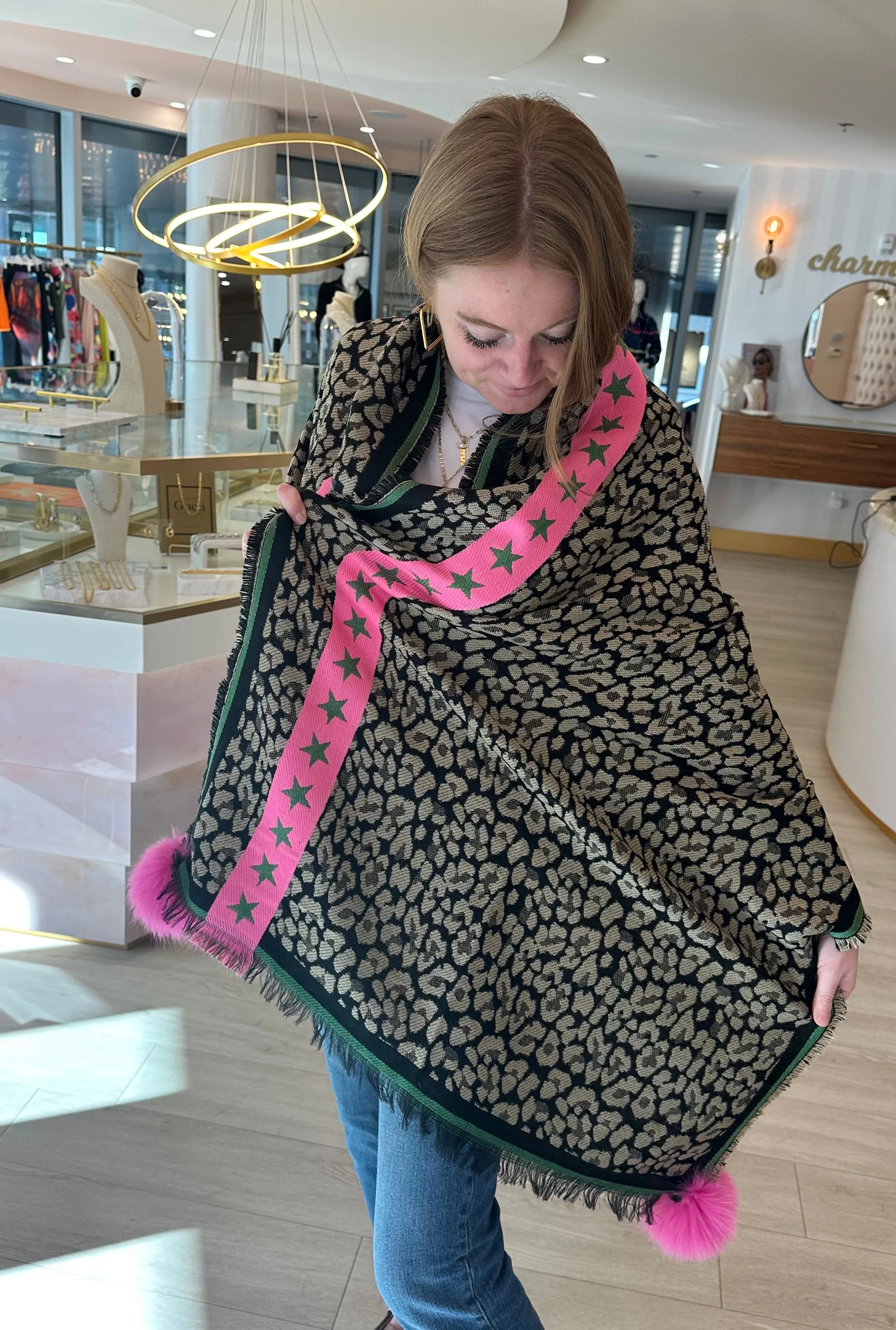 Green & Pink Stars Leopard Shawl