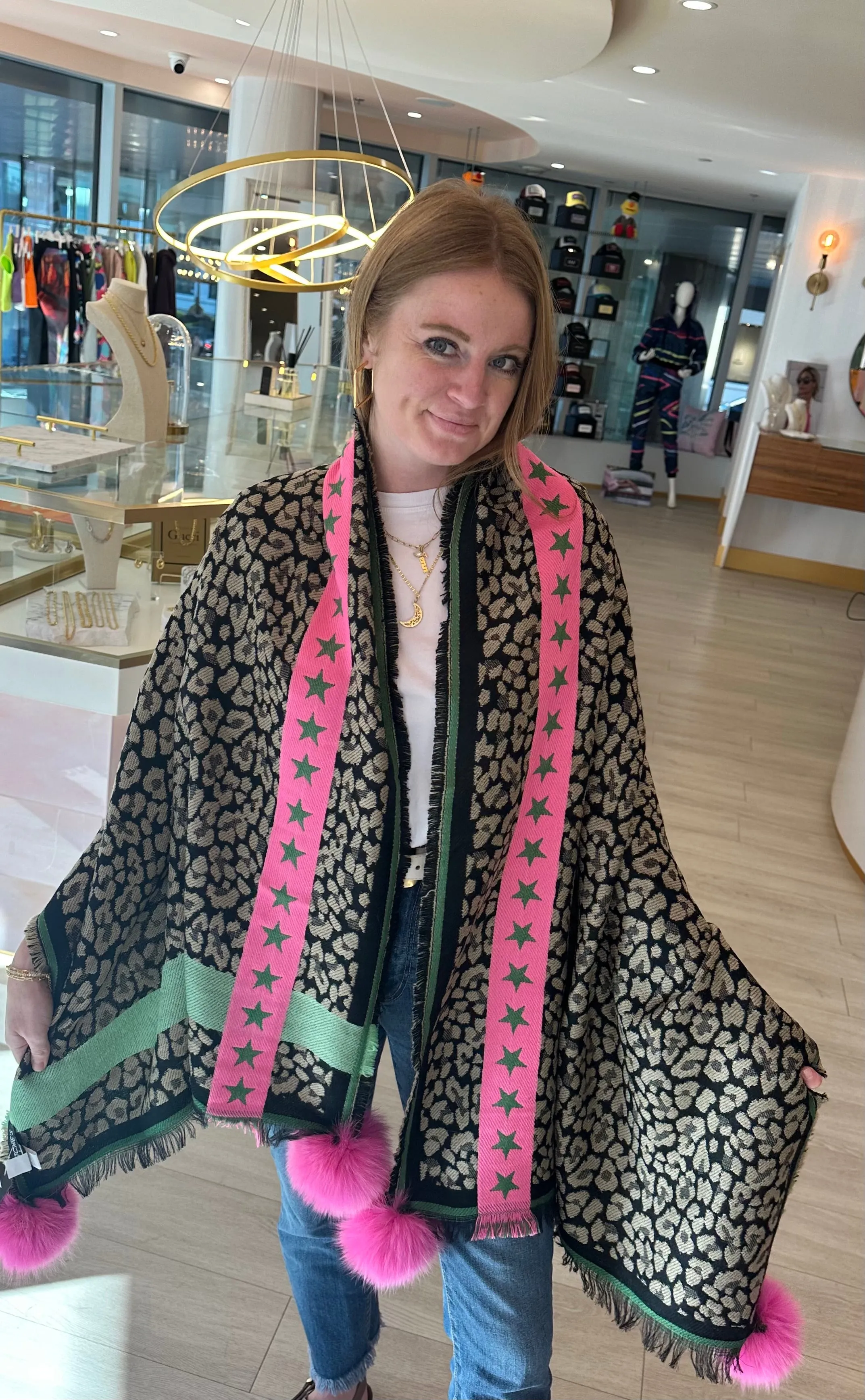 Green & Pink Stars Leopard Shawl