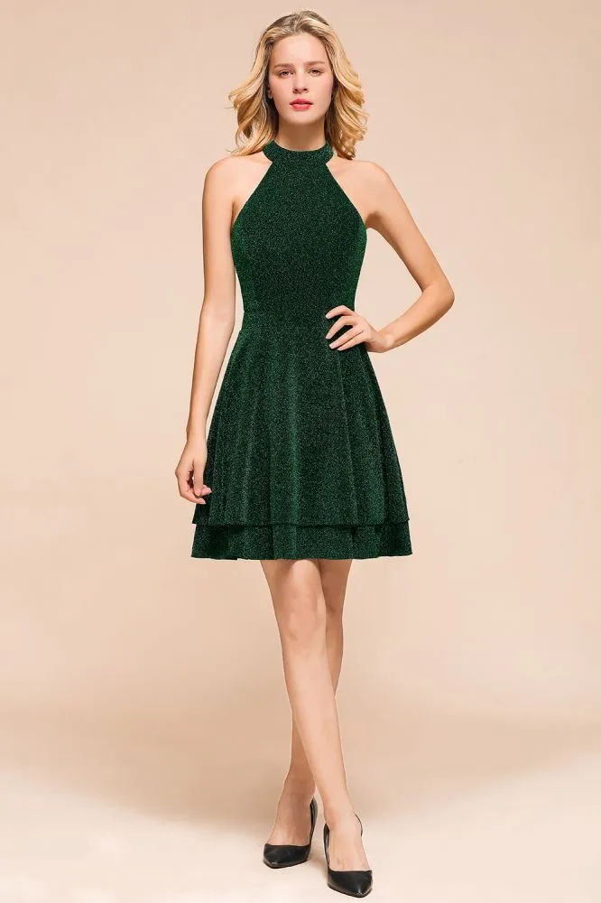 Halter Knee Length Homecoming Dress Sleeveless Dark Green Bright Silk Evening Dress