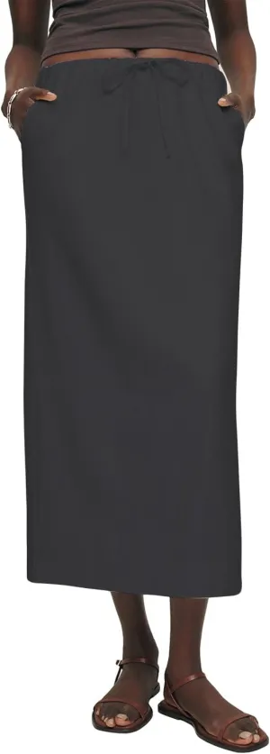 IDEALSANXUN Womens Cotton Linen Skirts Trendy Elastic Waist Drawstring Long Skirts with Slit