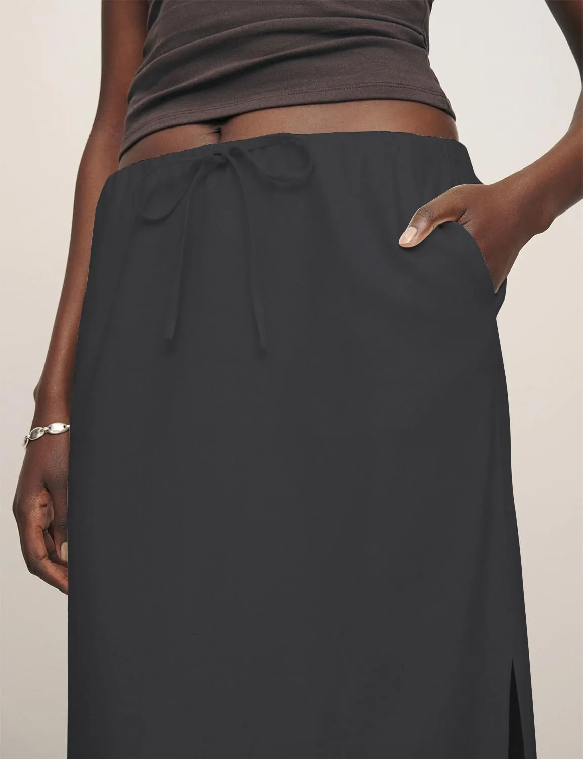 IDEALSANXUN Womens Cotton Linen Skirts Trendy Elastic Waist Drawstring Long Skirts with Slit