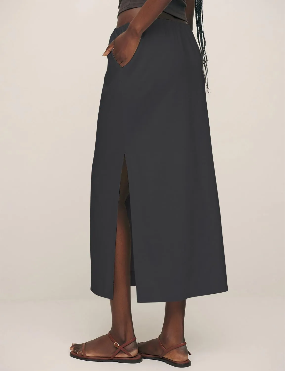 IDEALSANXUN Womens Cotton Linen Skirts Trendy Elastic Waist Drawstring Long Skirts with Slit