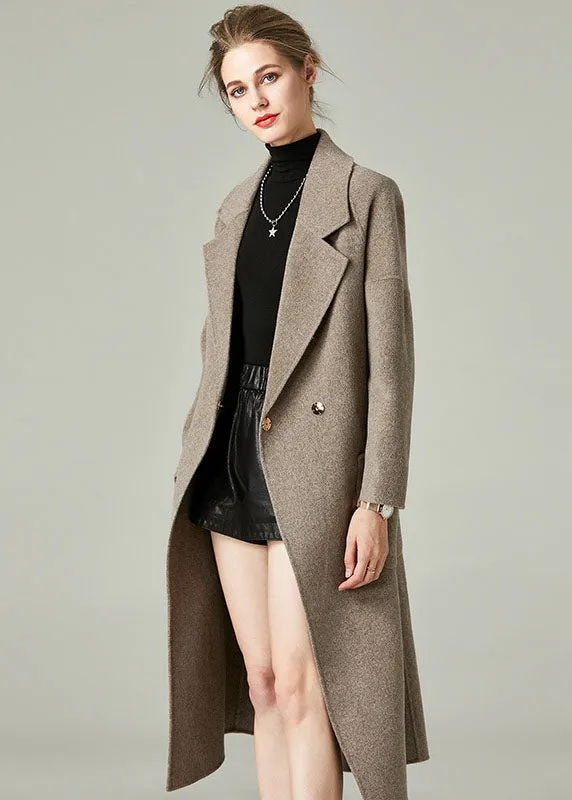 Khaki Solid Woolen Warp Coats Peter Pan Collar Sashes Winter