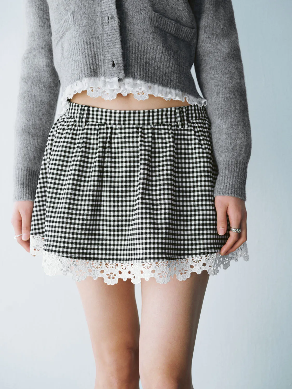 Lace Hem Checkered A-Line Skirts