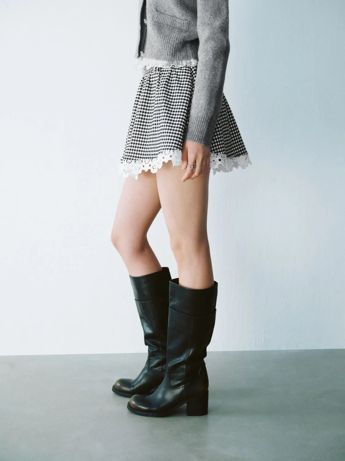 Lace Hem Checkered A-Line Skirts